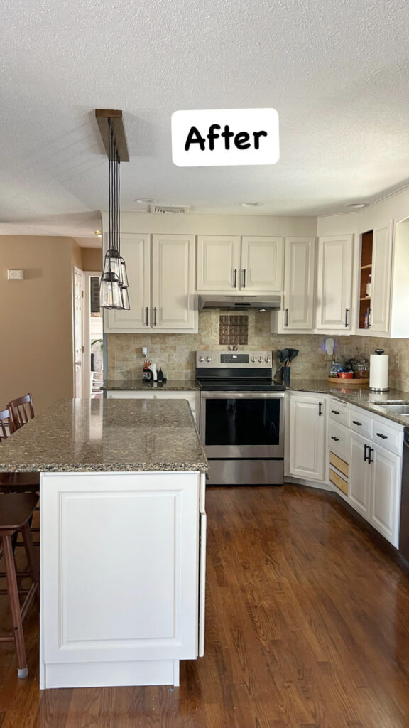 Sherwin Williams Shoji White painted kitchen cabinets, dark woo dfloors, older granite countertops, tile backsplash