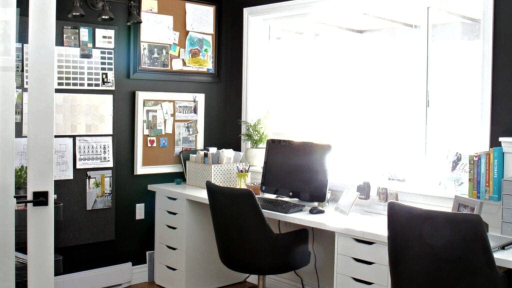 home office painted black and white with ikea furniture
