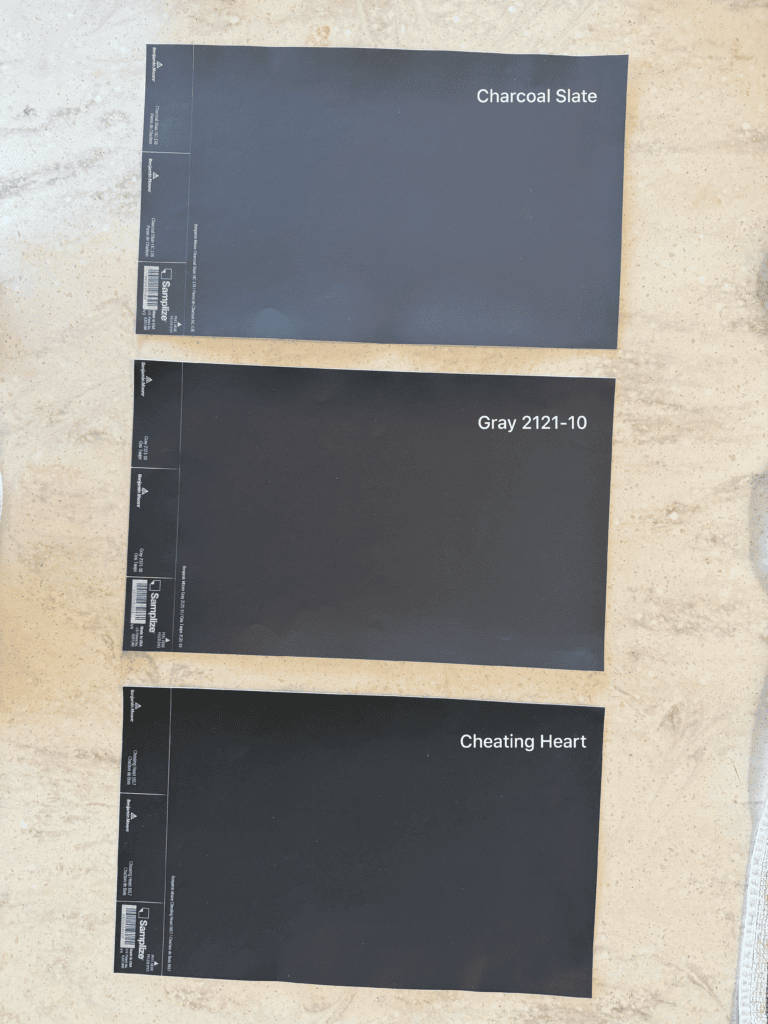 Benjamin Moore Charcoal Slate, Gray 2121-20, Cheating Heart, dark blue gray and soft blue black island paint colors for cabinets