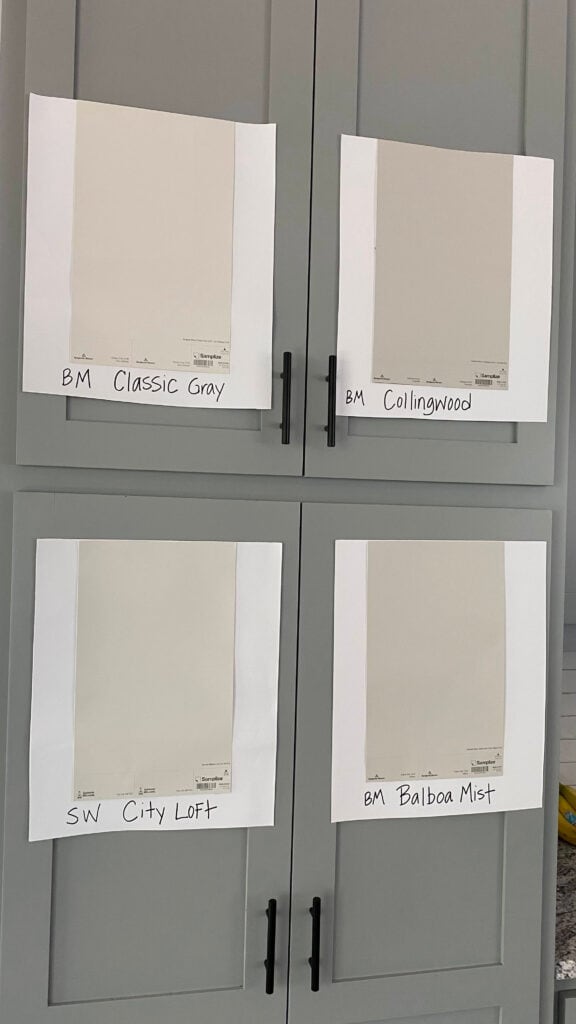 Benjamin Moore Classic Gray, Collingwood, Balboa Mist and Sherwin Williams City Loft, warm gray taupe paint samples Samplize peel and stick on gray cabinets