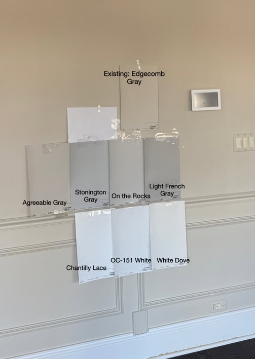 Comparing samples, Agreeable Gray, Stonington Gray, Collingwood, On the Rocks, Edgecomb Gray walls, Chantilly Lace, White OC-151, White Dove, Light French Gray