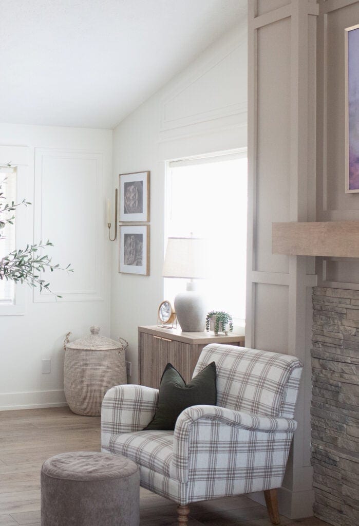 Sherwin Williams Balanced Beige with Cold Foam, warm white walls, trim panels and molding added to walls, home decor