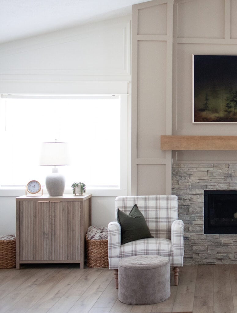 Sherwin Williams Cold Foam warm white walls, Balanced Beige trims and moldings on fireplace panels, update ideas with stacked stone surround, graywash LVP flooring, home decor