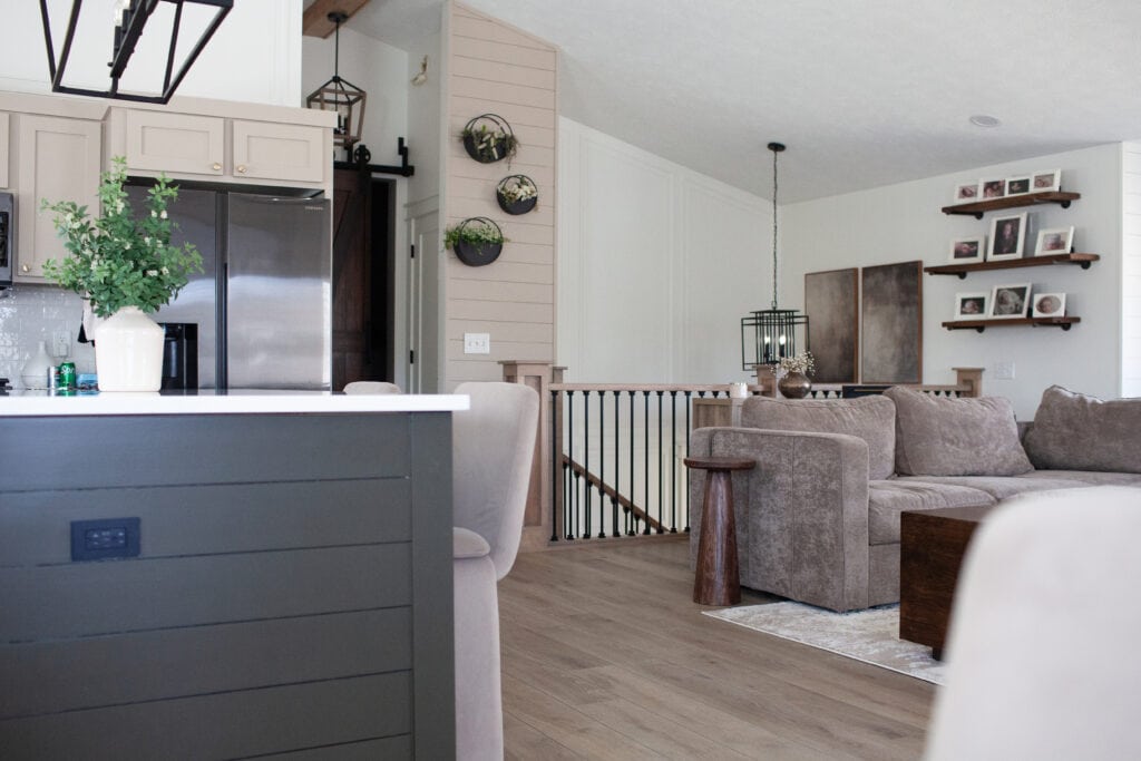 Sherwin Williams Thunder Gray shiplap island, Balanced Beige accent or feature wall, split level home, Cold Foam warm white walls