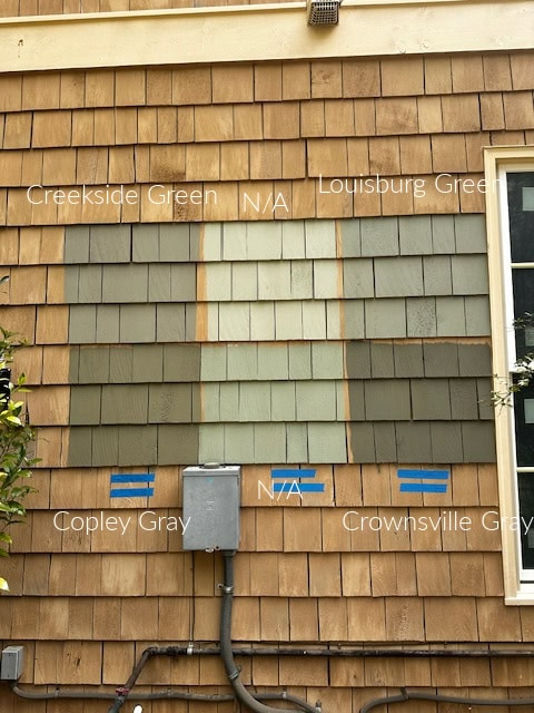solid stain samples on red orange cedar shingles siding, Louisburg Green, Copley Gray, Crownsville Gray, Copley Gray, Nantucket Gray, Creekside Green, exterior