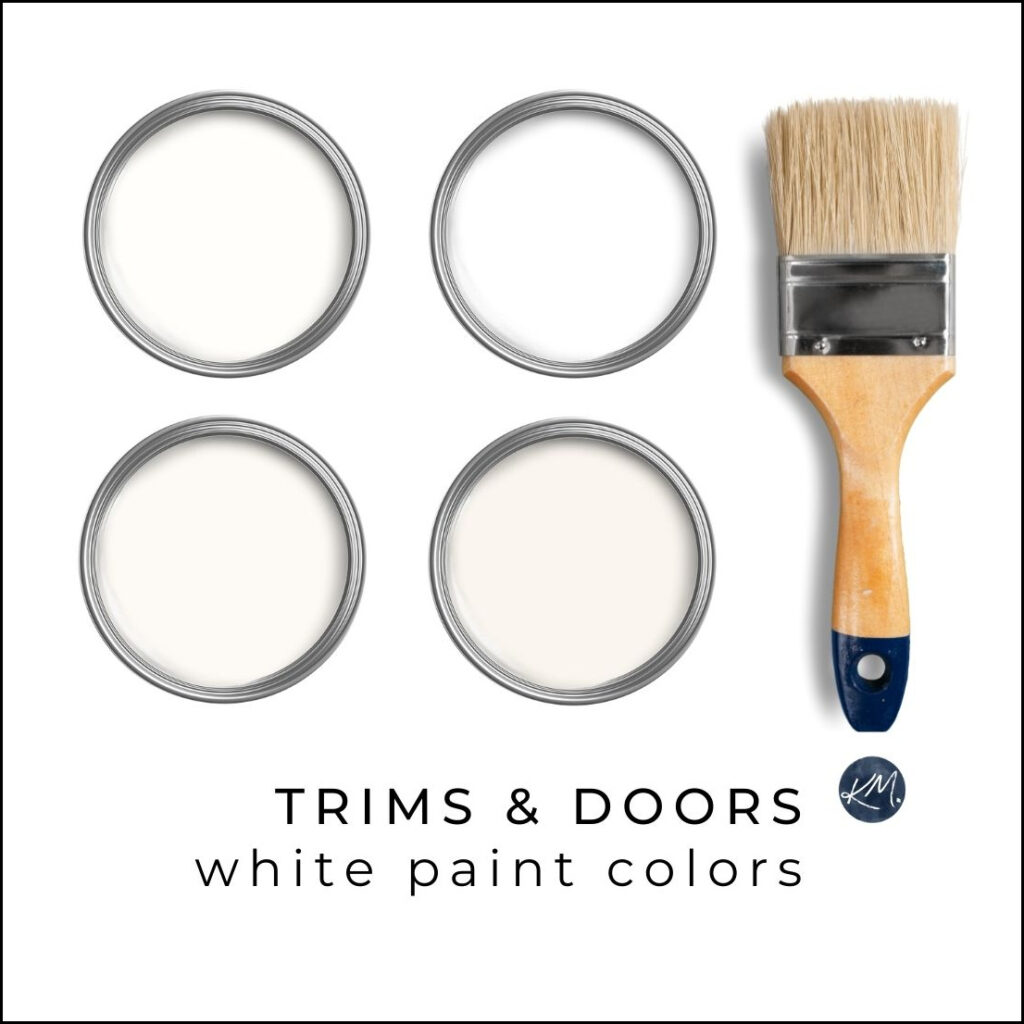 the best white paint colors for interior trims anad doors with countertops, tiles, and room paint colors. Sherwin Williams and Benjamin Moore with Kylie M