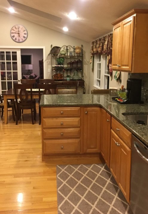 BEFORE, MAPLE WOOD KITCHEN CABINETS, green granite countertop, 1990s kitchen update ideas.