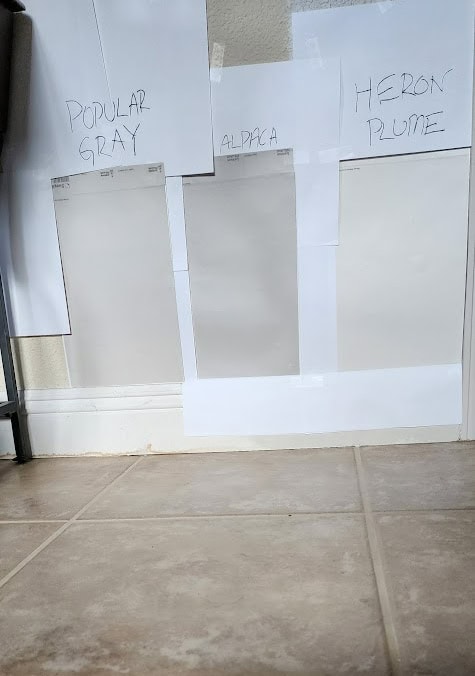 Popular Gray, Sherwin Williams Alpaca, Heron Plume wiht taupe beige tile flooring