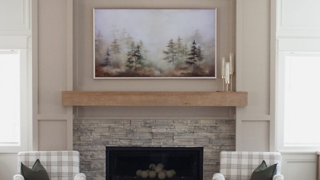 Sherwin Williams Balanced Beige with Cold Foam around a stacked stone fireplace with purple and taupe tones (1)
