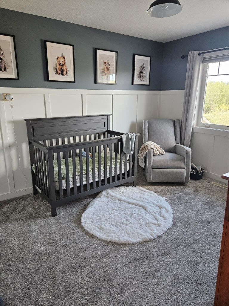 Sherwin Williams Foggy Day kids room baby nursery with white painted board and batten and warm gray taupe carpet