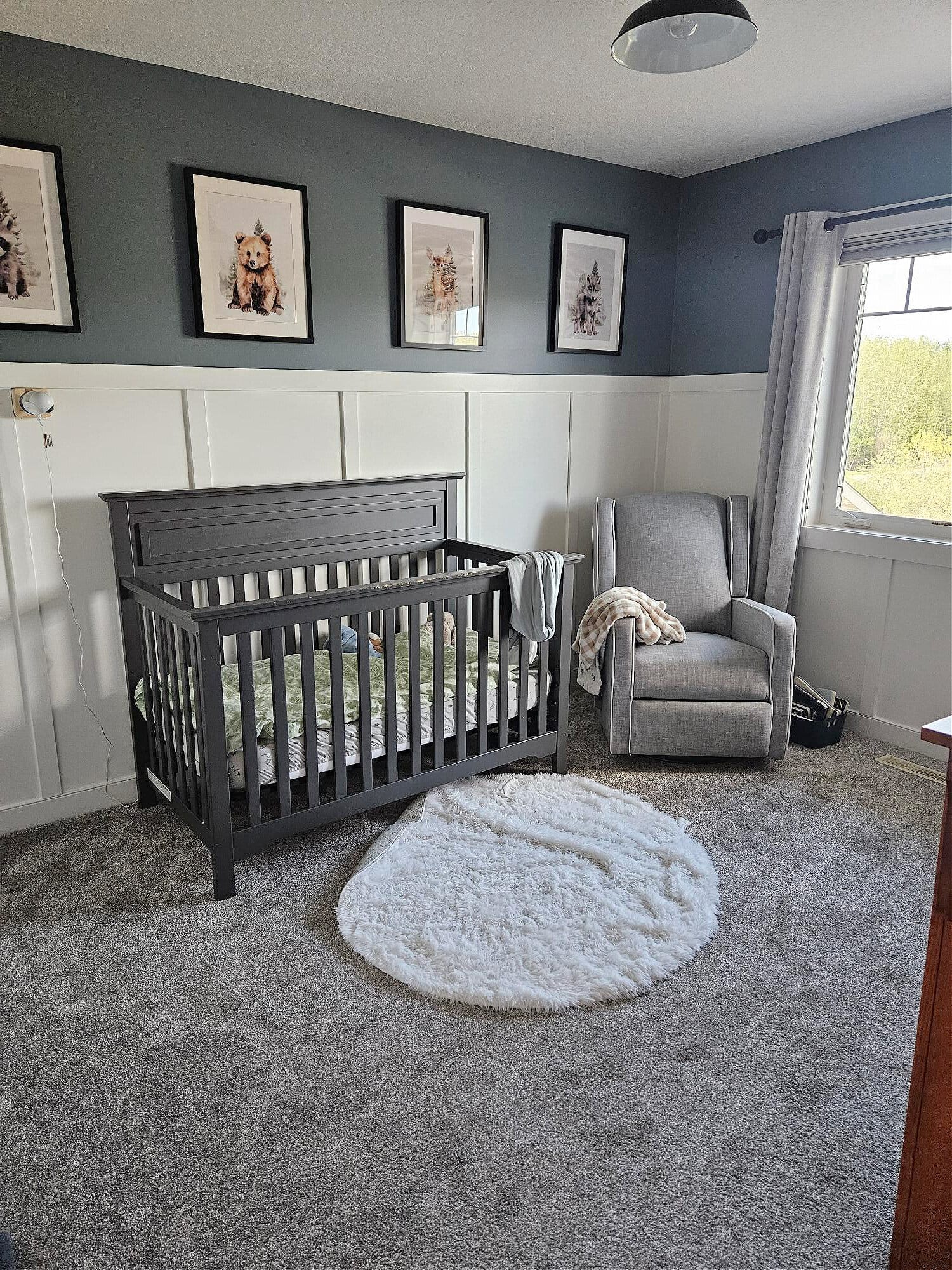 Sherwin Williams Foggy Day kids room baby nursery with white painted board and batten and warm gray taupe carpet