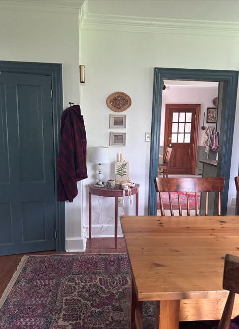 Trims and interior doors painted Sherwin Williams Grays Harbor, gray blue green blend with Benjamin Moore White Dove