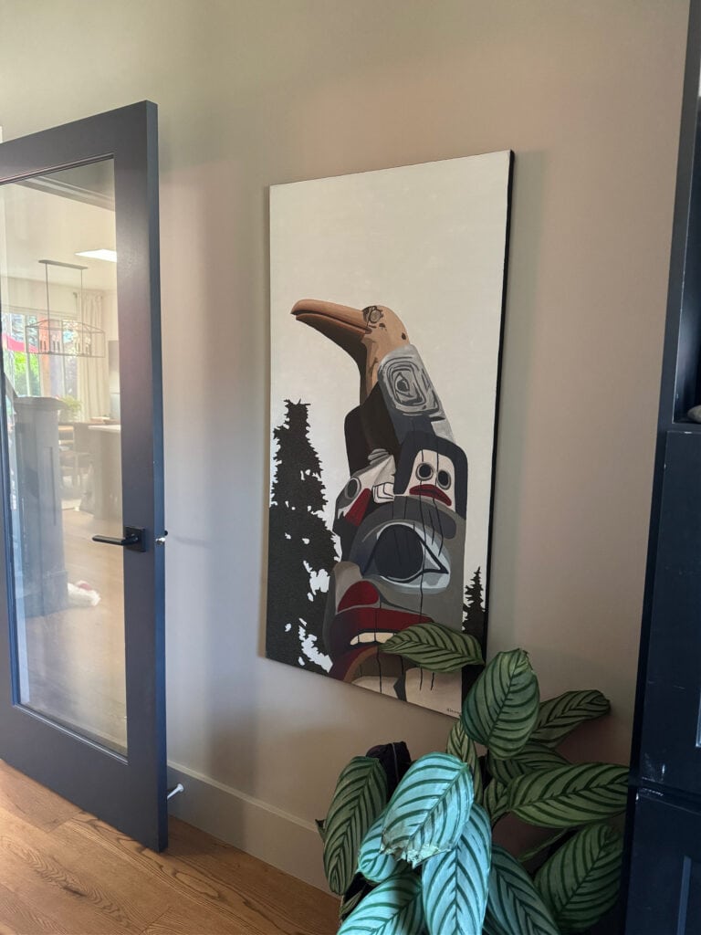 Benjamin Moore Pashmina walls with Cheating Heart painted on the glass door. Ken Kirkby art and wood flooring