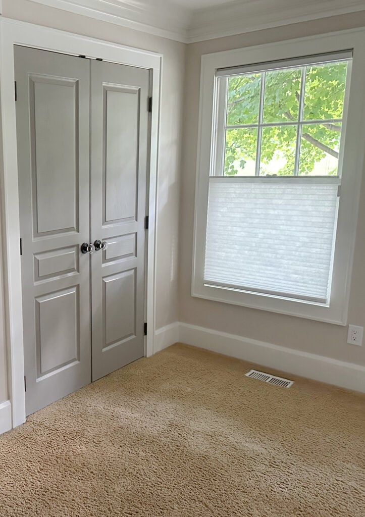 Natural Linen, Pure White, Intellectual Gray painted interior closet doors, beige carpet (1)