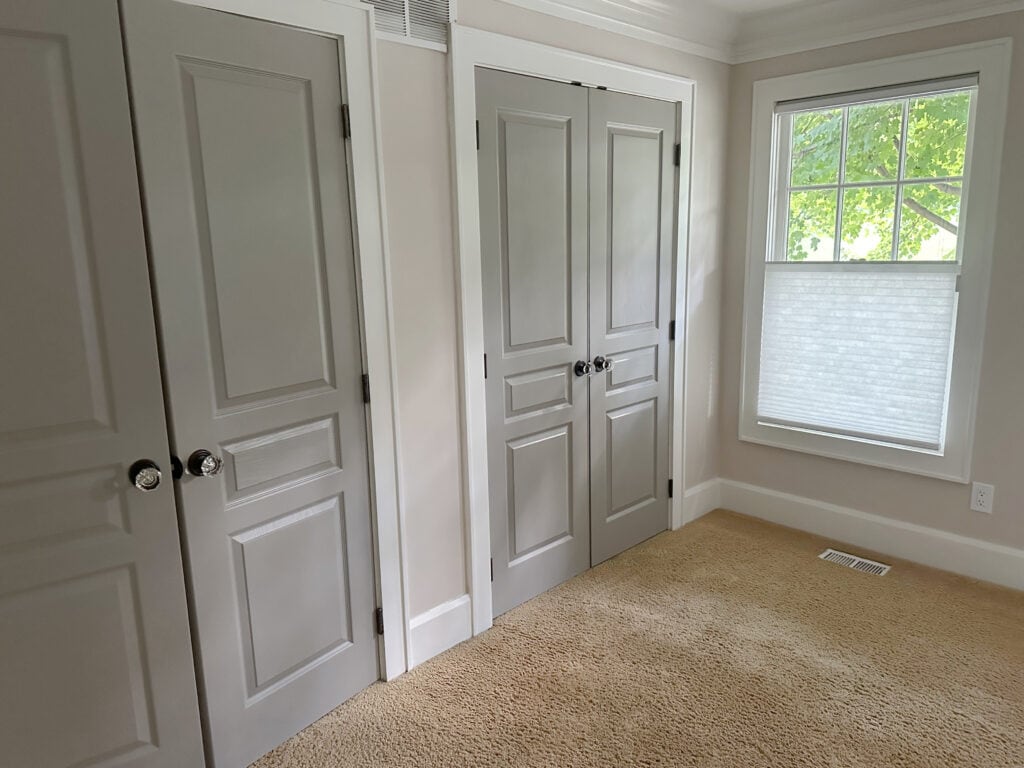 Natural Linen, Pure White, Intellectual Gray painted interior closet doors, beige carpet