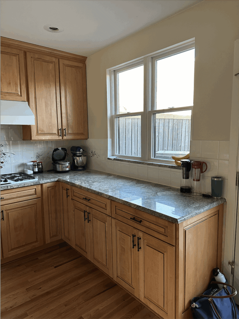 how to update green and pink granite countertops in a kitchen with wood cabinets (2)