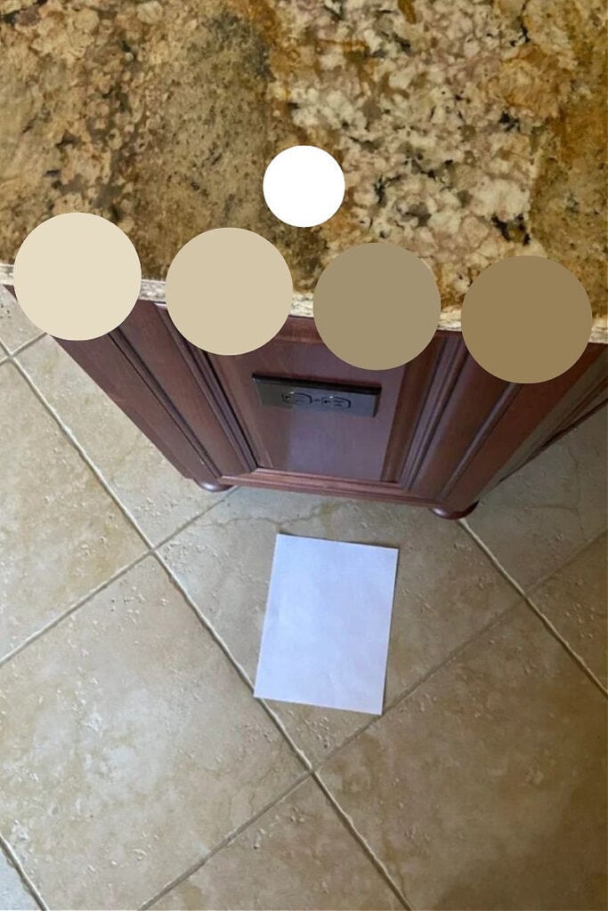 tile and paint color ideas to update older granite countertops in a kitchen. travertine look tile floor gold granite