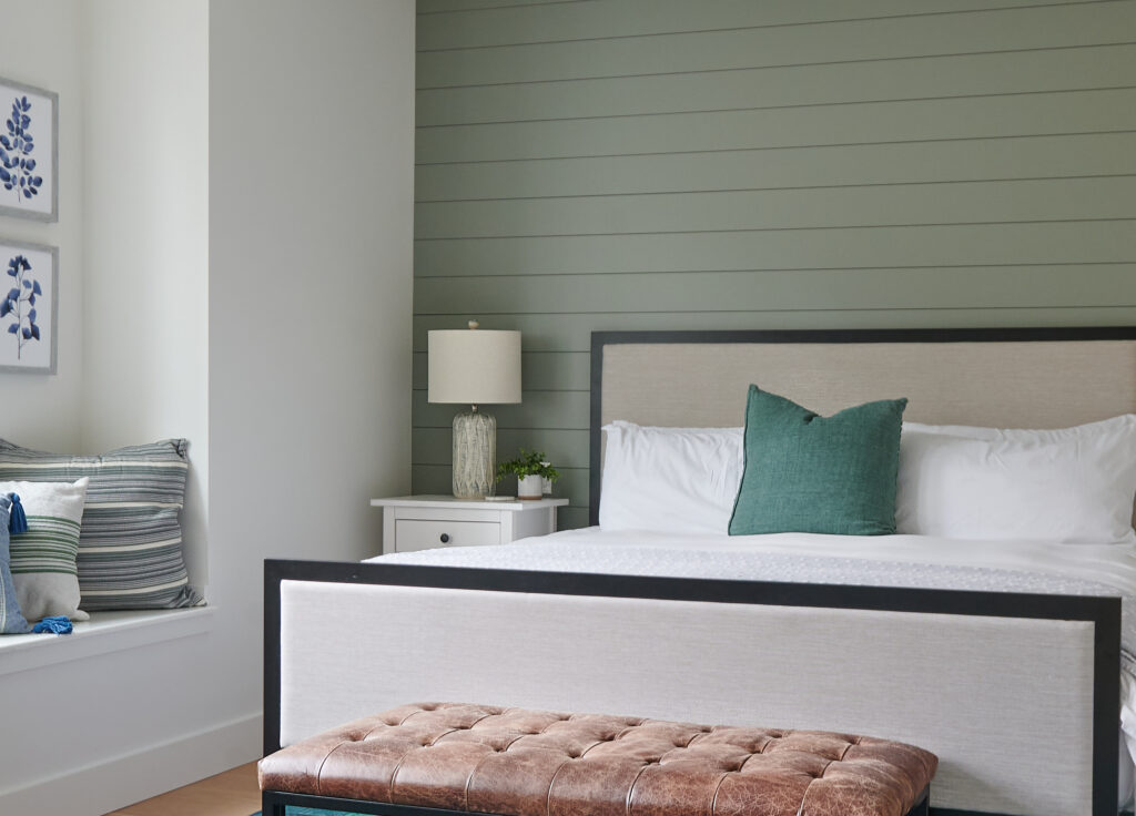 Sherwin Williams Evergreen Fog accent wall shiplap in guest bedrom, Benjamin Moore White Dove walls, trims, ceilings,