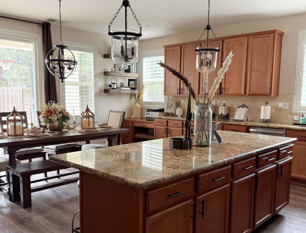 Sherwin Williams Natural LInen on walls, maple orange stain cabinets, golden Tuscan style granite kitchen, travertine tile backsplash, wood island (1)