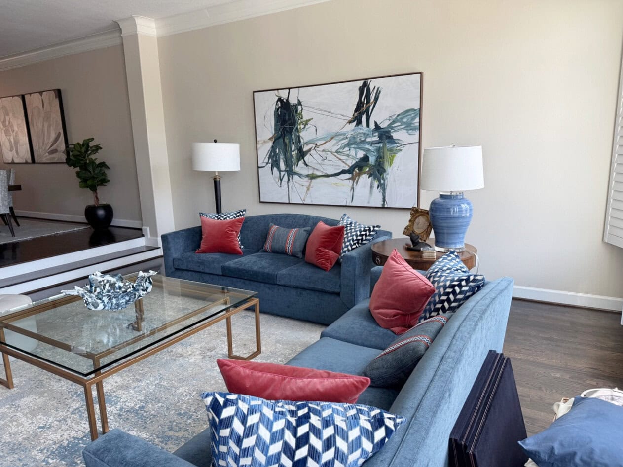 Sherwin Williams Natural Tan, best warm neutral with blue sofas, and red and blue accent colors