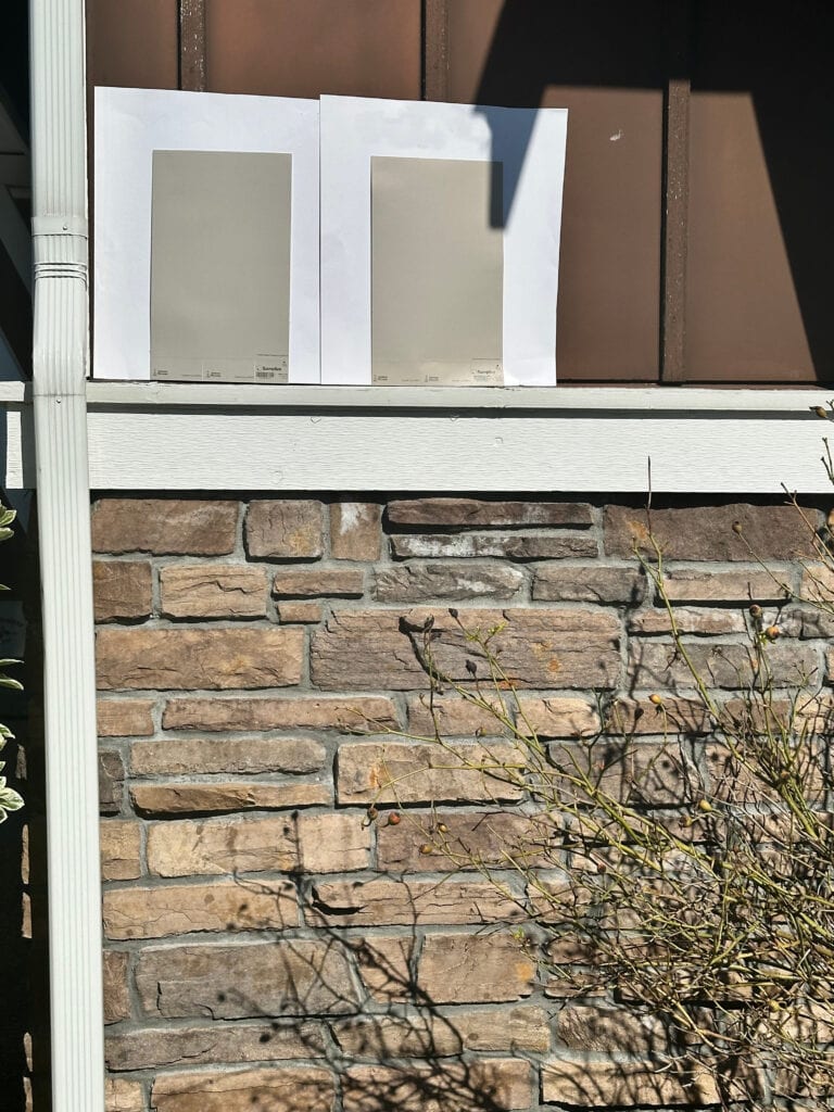 Sherwin Williams light-medium warm gray and taupe with brown, beige and taupe exterior stone
