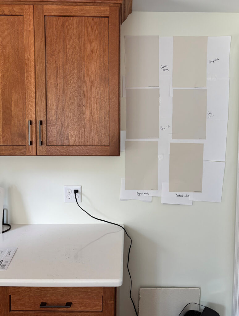 Comparing silmilar taupe s and warm grays, including Classic Gray, City Loft, Shoji White, Egret White and Kestrel White with a red oak cabinet