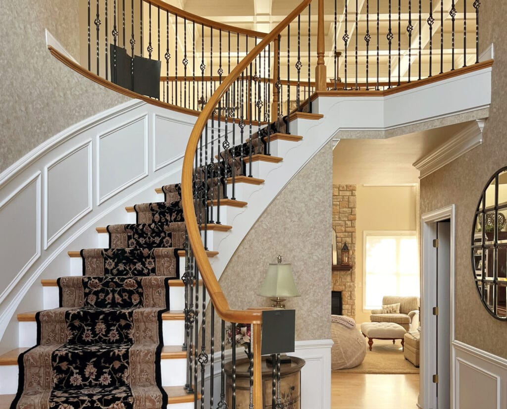 2000s staircase update ideas, golden oak, stair runner, wrought iron spindles and oak railing, sponge paint