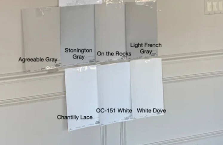 Benjamin MOore Chantilly Lace. vs. White OC 151, White Dove, Agreeable Gray, Stoningont Gray, Sherwin Williams On the Rocks, Collingwood, Edgecomb Gray, White is the white with a gray undertone
