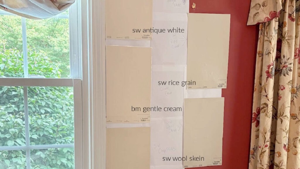 Benjamin Moore Gentle Cream compared to similar shades including Sherwin Williams Chopstick, Wool Skein, Rice Grain, Antique White