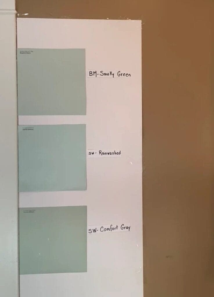 Benjamin Moore Smoky Green compared to Sherwin Williams Rainwashed and Comfort Gray with samplize peel and stick samples