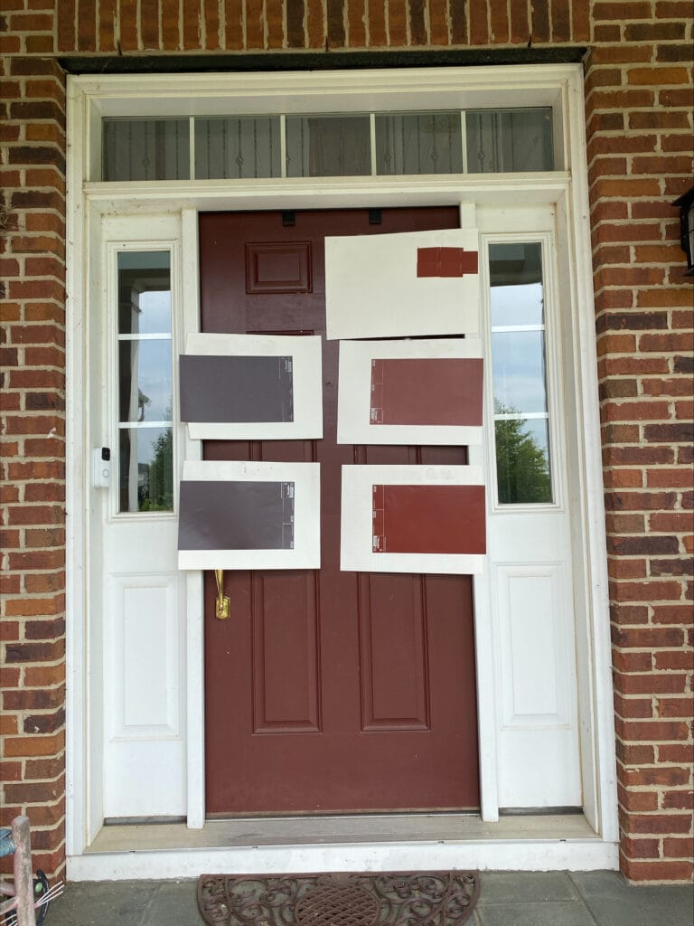 Benjamin Moore Vintage Wine, Bitter Chocolate, Sherwin Williams Roycroft Copper Red, Red Barn, Rustic red, front