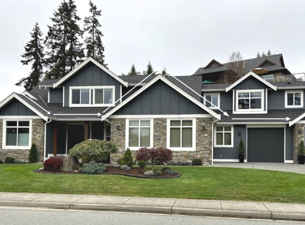HOW TO CHOOSE BEST GUTTER COLOR WITH FASCIA, TRIM, BLACK GRAY ROOF, WHITE WINDOWS.