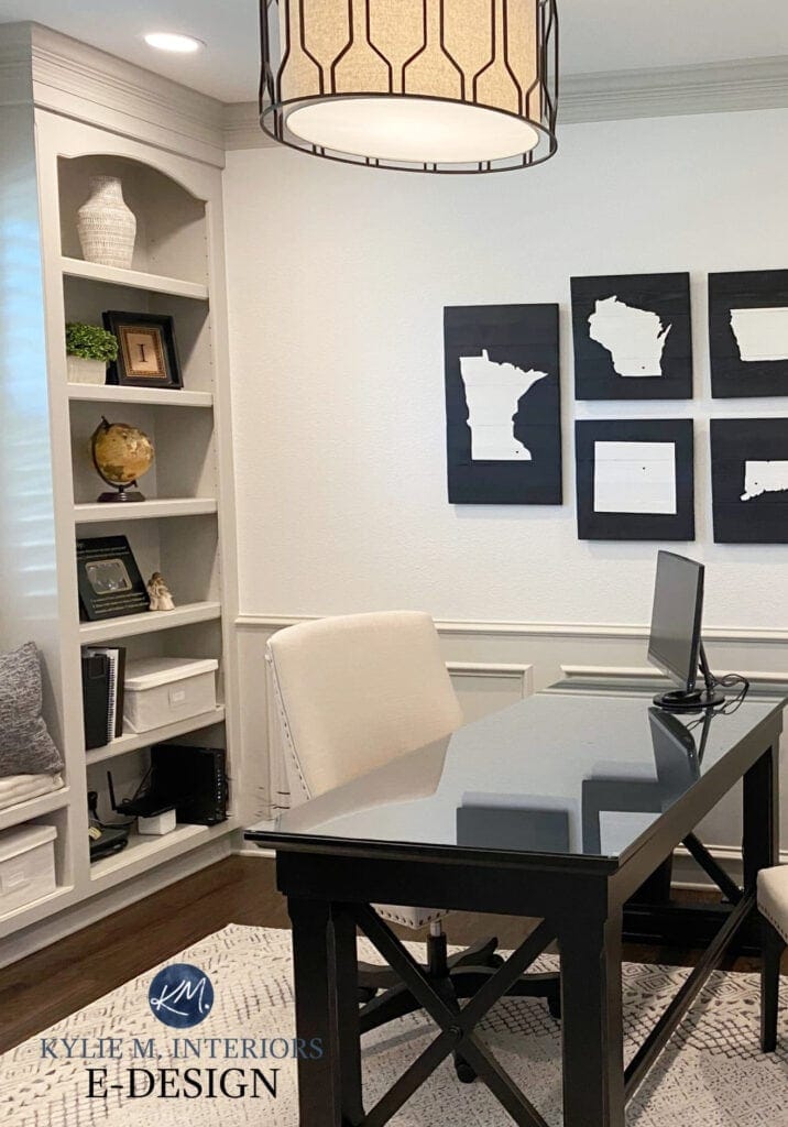Home office with REvere Pewter on wainscoting and trim, White Dove walls and consulting style desk, dark wood floor