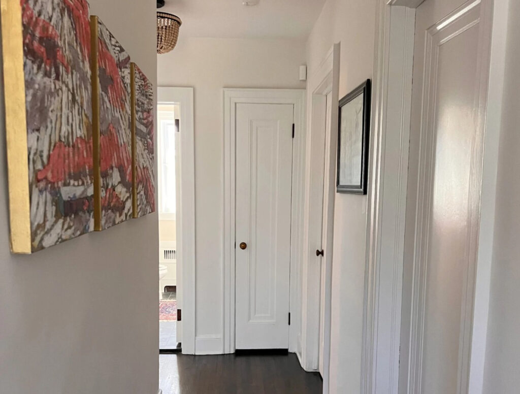 Sherwin Williams Alabaster walls with Extra White trim, two whites go together, dark wood floor in hallway.