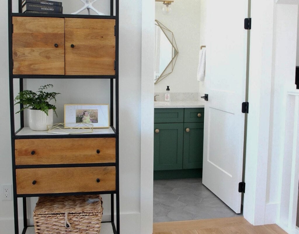 Sherwin Williams Pure White trims, doors, walls, green accents and bathroom vanity, white oak natural flooring, home decor on shelf