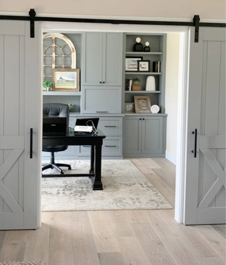 Home office painted Magnolia Teak Cups with Clutch sliding doors. Grray cabinets with white-washed wood flooring