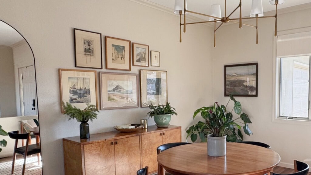 Sherwin Williams Maison Blanche in mid-century style dining room with furniture, home decor and south-facing sun or light (5)