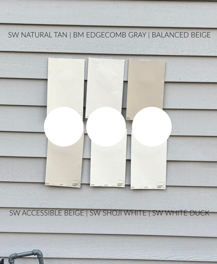 Sherwin Williams Natural TAn, Balanced Beige, Accessible Beige, Shoji White, White Duck, Benjamin Moore Edgecomb Gray samplize peel and stick in natural exterior lighting