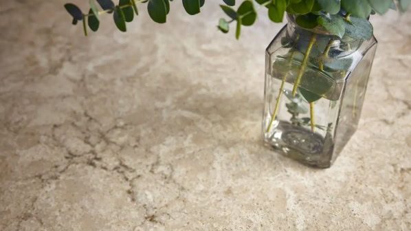 Cambria Copeland, warm beige and brown quartz countertop to go with beige tile flooring