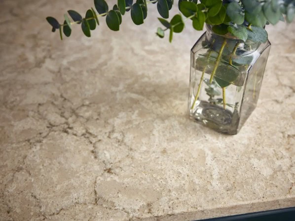 Cambria Copeland, warm beige and brown quartz countertop to go with beige tile flooring