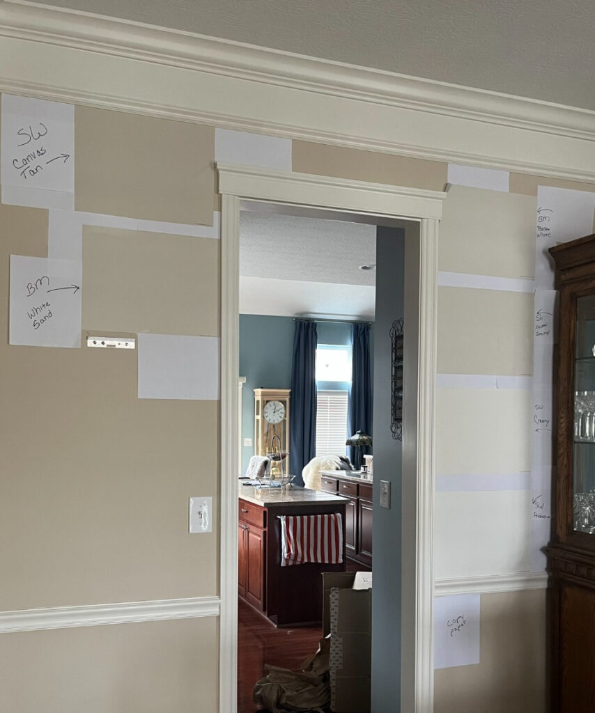 Sherwin Williams Creamy, Alabaster trim, Canvas Tan, Neutral Ground, Benjamin Moore Ballet Whtie and Whtie SAnd paint samples