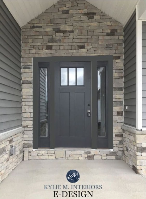 Benjamin Moore Cheating Heart wiht mockup of painted sidelights and trims that match the front door with stone veener
