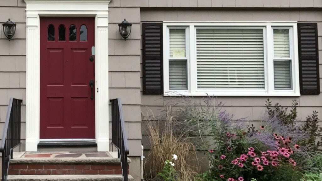 Benjamin Moore Dinner Party front door paint color, Mascarpone trim and black shutters, Weimaraner siding