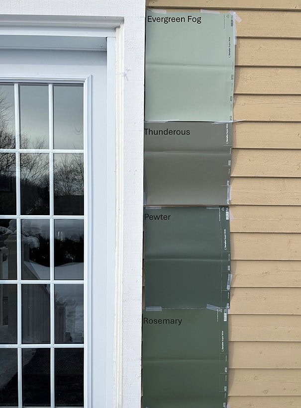 Northwest facing home. Sherwin Williams Evergreen Fog, Thunderous, Pewter Green and Rosemary, Samplize sample comparisoins on exterior